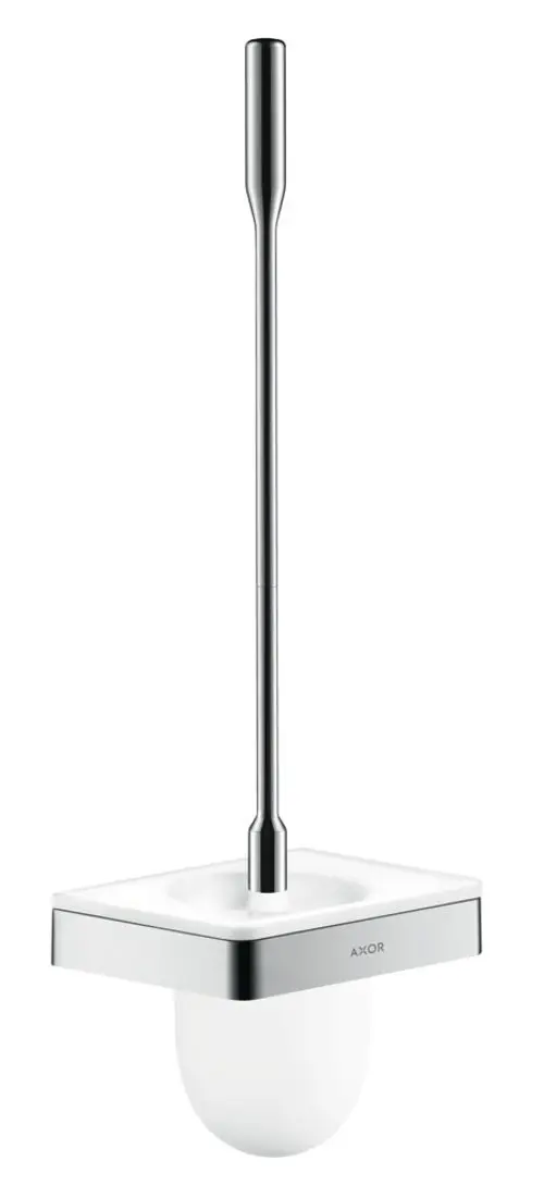 Toilettenbürstenhalter von AXOR, wandmontiert, mit länglichem Edelstahlgriff und schlichter Halterung aus weißer Keramik.